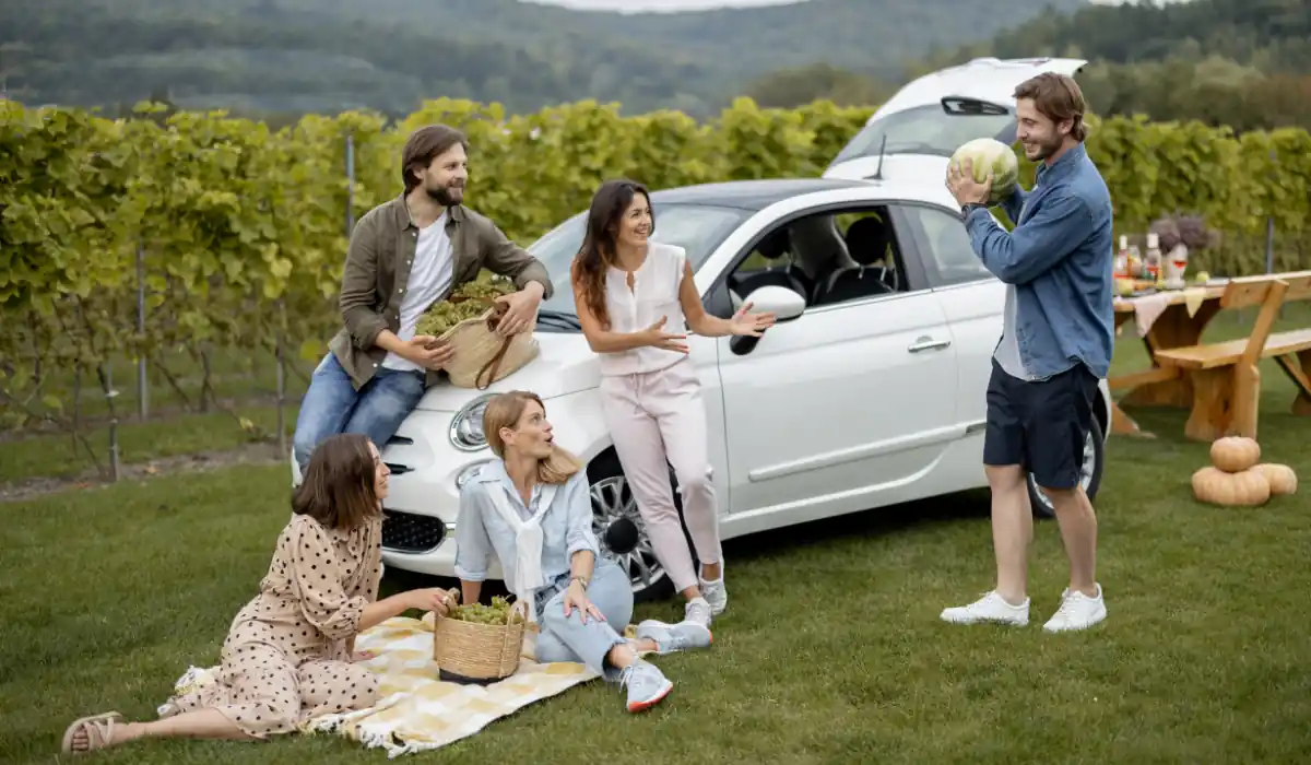 20 Most Romantic Things to do in California for Couples 8 Group of friends enjoying a picnic in a vineyard. Theyre gathered around a white car, with one person holding a watermelon. Others are sitting on a blanket with baskets and smiling. A picnic table is nearby, and the vineyard stretches into the distance.