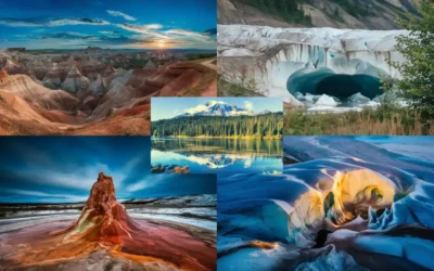Top 15 Places That Don’t Feel Real in the USA 2024 Collage of stunning landscapes: colorful badlands at sunset, icy glacial cave, serene lake with mountain reflection, vibrant geothermal formation, and colorful frozen cave. Each image captures natural beauty and diverse terrains.