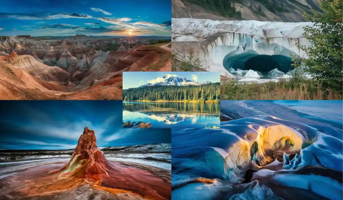 Collage of stunning landscapes: colorful badlands at sunset, icy glacial cave, serene lake with mountain reflection, vibrant geothermal formation, and colorful frozen cave. Each image captures natural beauty and diverse terrains.