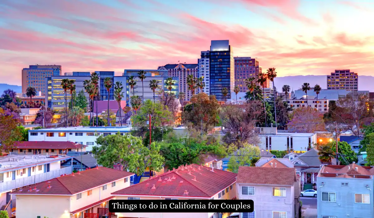 A vibrant cityscape of California at sunset, featuring tall buildings and palm trees with a foreground of residential houses. The sky is painted in hues of pink and orange. A banner reads, Things to do in California for Couples.