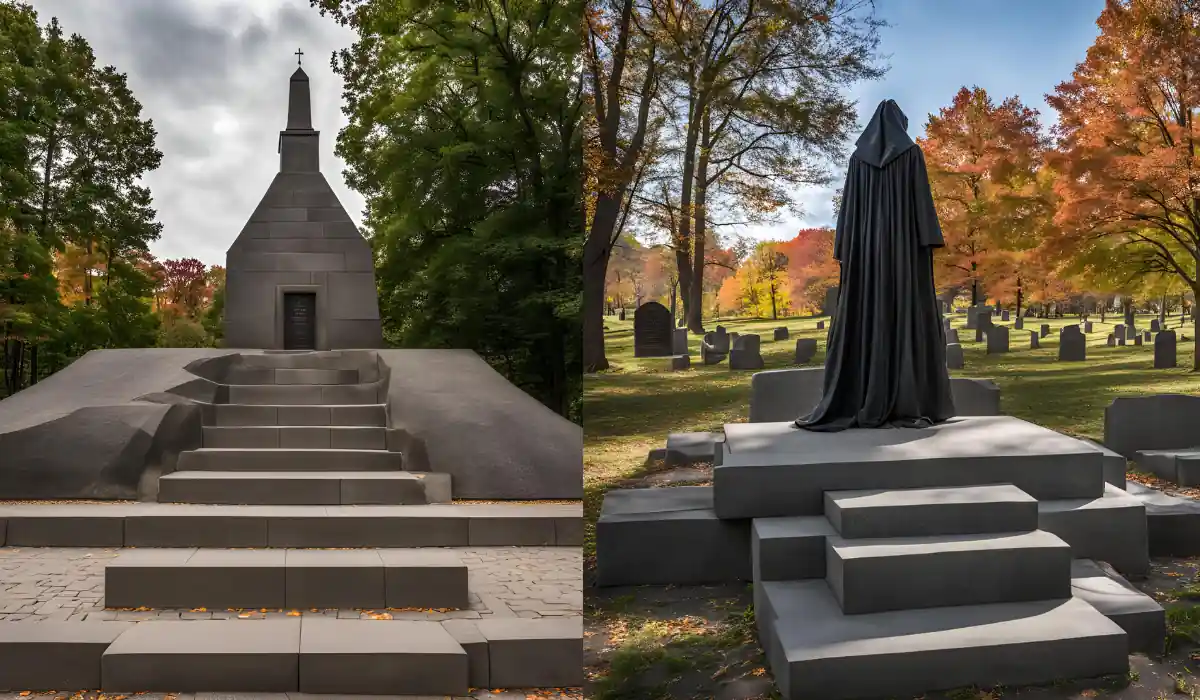 15 Free Romantic Things to Do in Massachusetts for Couples 16 Left: A stone pyramid structure with steps leading to a door, surrounded by trees. Right: A statue of a cloaked figure on a stepped pedestal in a cemetery with autumn foliage.