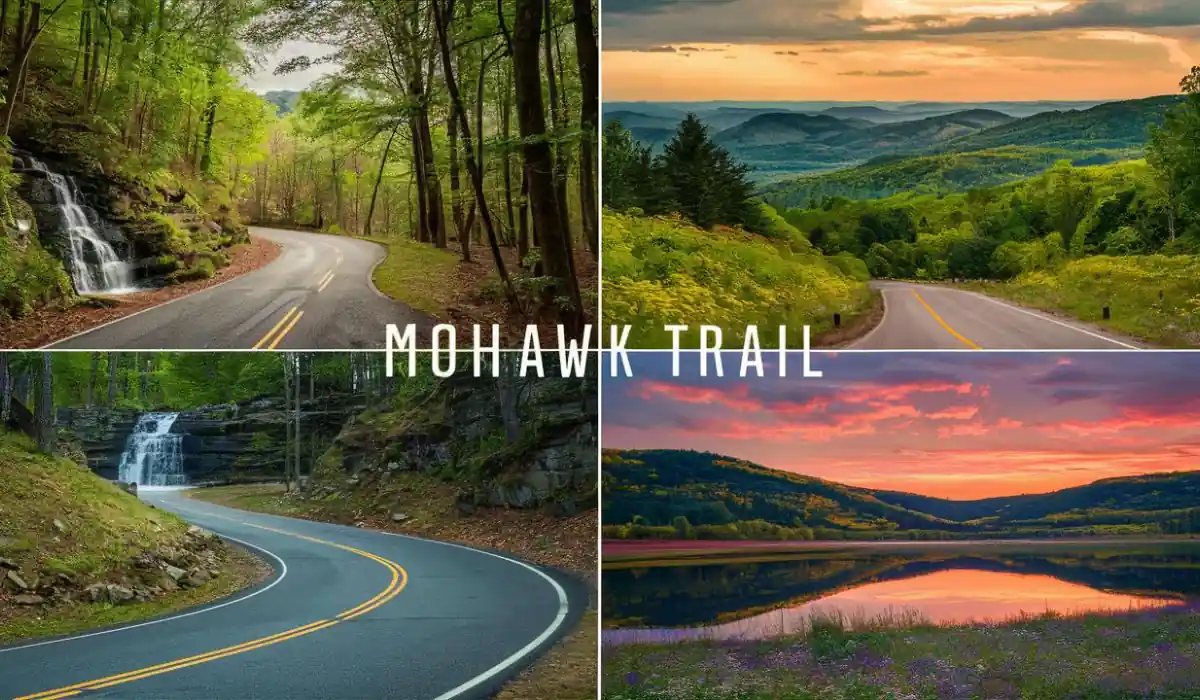 15 Free Romantic Things to Do in Massachusetts for Couples 15 A collage of four scenic views along the Mohawk Trail. Top left: a winding road with a waterfall. Top right: a road with mountain views at sunset. Bottom left: a road near a cliff with a waterfall. Bottom right: a sunset over a lake reflecting colorful skies.