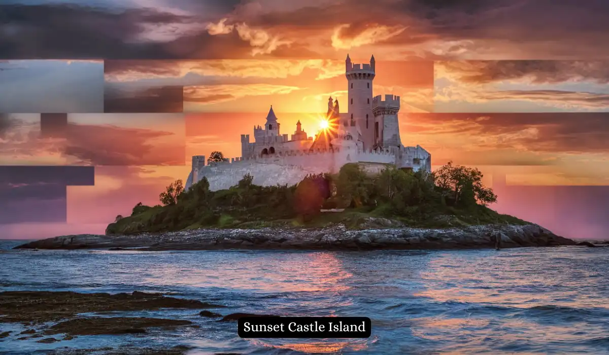 15 Free Romantic Things to Do in Massachusetts for Couples 4 A castle stands majestically on an island surrounded by water, illuminated by a dramatic sunset. The sky is a mix of orange, pink, and purple hues, casting a warm glow over the scene. Waves gently lap against the rocky shore.