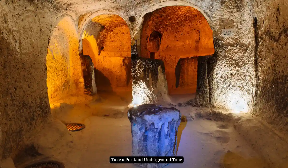 Top 15+ Romantic Things to do in Portland for Couples 19 A dimly lit underground cave with arched ceilings, illuminated in warm orange tones. The stone formations and smooth walls create an ancient, mysterious atmosphere. A sign is partially visible on the wall.