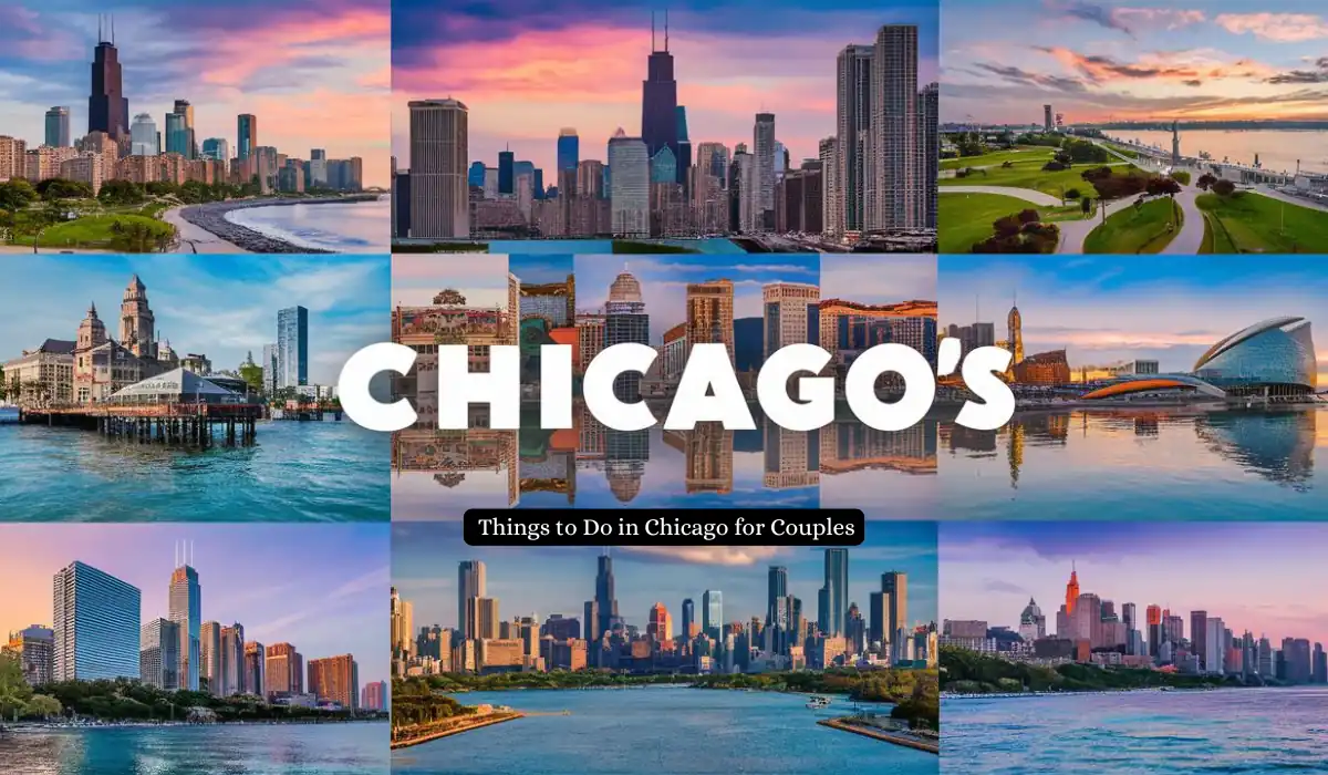 Top 15 Romantic Things to Do in Chicago for Couples 2 Collage of Chicago skyline and landmarks at sunrise and sunset, featuring lakeshore views and skyscrapers. Text reads, "Chicago's Things to Do in Chicago for Couples.