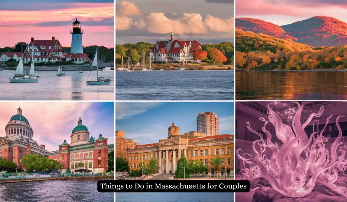 15 Free Romantic Things to Do in Massachusetts for Couples 2 A collage of six romantic Massachusetts scenes: a lighthouse, a waterfront mansion, autumn mountains, historic domed buildings, an elegant structure with skyscrapers, and an abstract pink artwork. Caption: "Things to Do in Massachusetts for Couples.