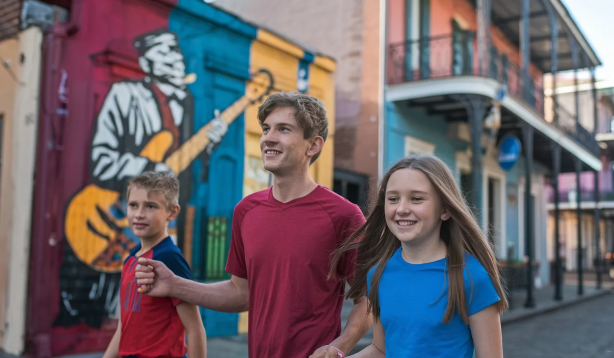 Three kids walk arm in arm down a street with colorful murals. One mural features a musician with a guitar. The buildings have balconies and vibrant facades, creating a lively, artistic atmosphere. "Things to Do in Orleans With Kids"