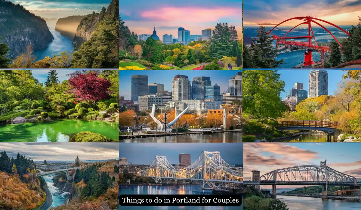 Top 15+ Romantic Things to do in Portland for Couples 2 A collage of scenic locations in Portland, showcasing natural landscapes, city skyline, bridges, and colorful gardens. The text reads, "Things to do in Portland for Couples.