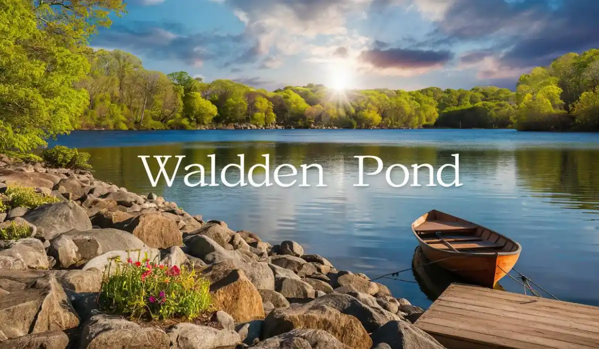 15 Free Romantic Things to Do in Massachusetts for Couples 7 A serene lake scene with a small wooden boat tied to a dock, surrounded by rocks and lush greenery. The sun sets over the horizon, casting a warm glow across the sky and water. Text reads "Waldden Pond.