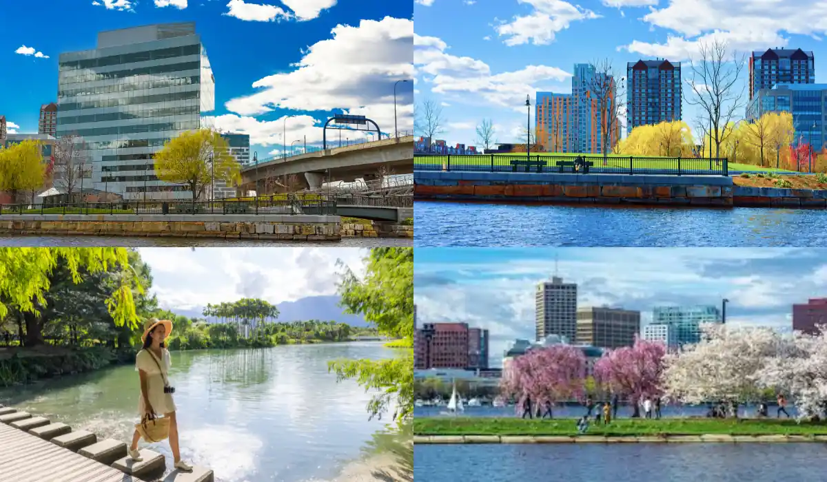 15 Free Romantic Things to Do in Massachusetts for Couples 17 Four scenic images of rivers in urban settings during springtime. Top left: buildings and bridge with blue sky. Top right: skyline and trees. Bottom left: person by a river. Bottom right: cherry blossoms with cityscape.