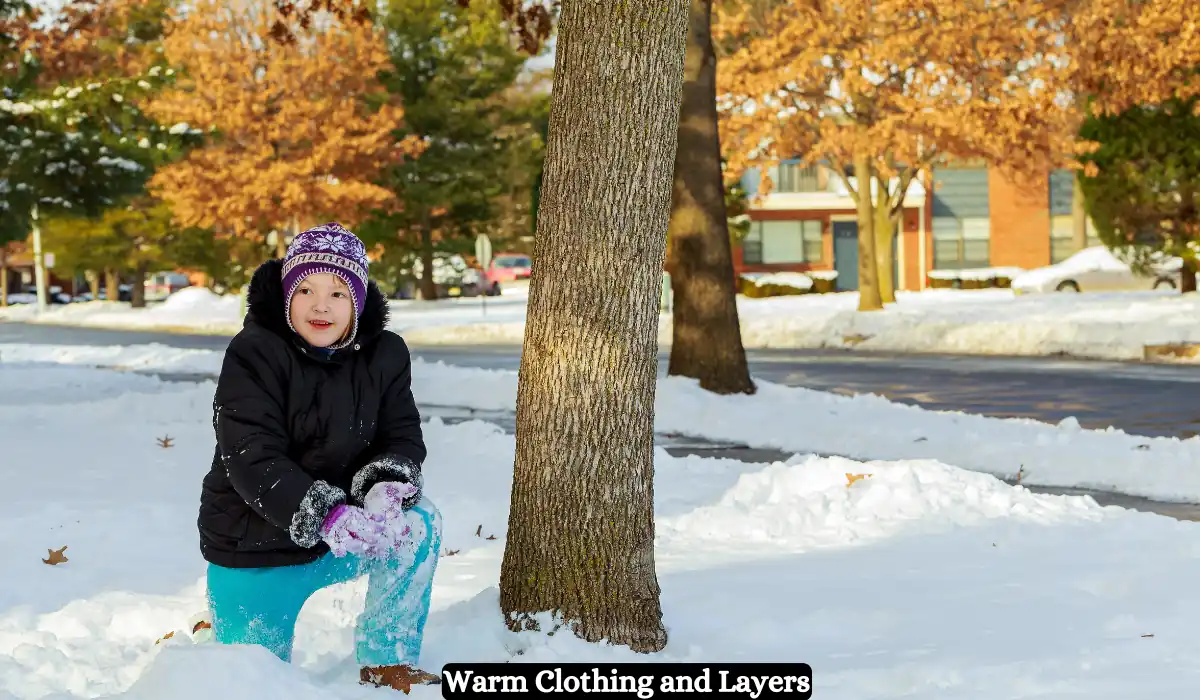 Toddler Travel Essentials for Road Trip in Winter 2025 3 A child in winter attire, including a black jacket, purple hat, and blue pants, kneels in the snow beside a tree. Snow-covered ground and autumn-colored trees are in the background. Text at the bottom reads, "Warm Clothing and Layers.