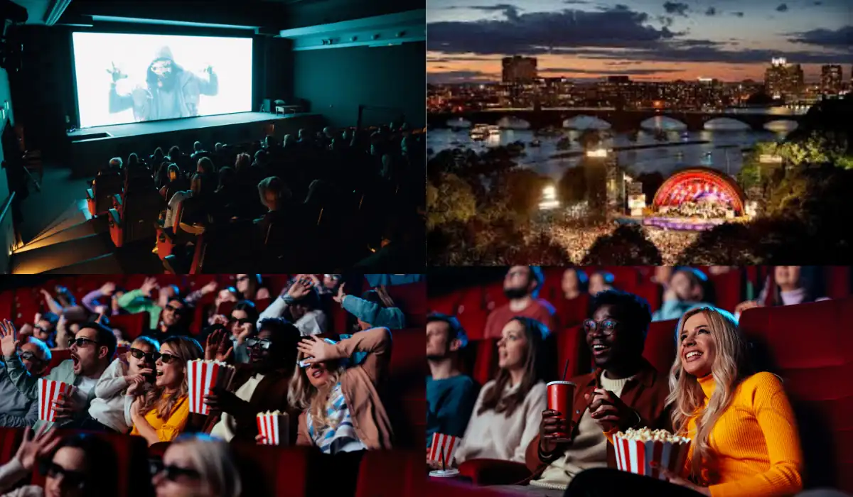 15 Free Romantic Things to Do in Massachusetts for Couples 11 A collage of four images: a horror movie playing in a dark cinema with a captivated audience; a nighttime outdoor concert by a river with bright stage lights; and two images of people enjoying popcorn and drinks in a lively cinema setting.