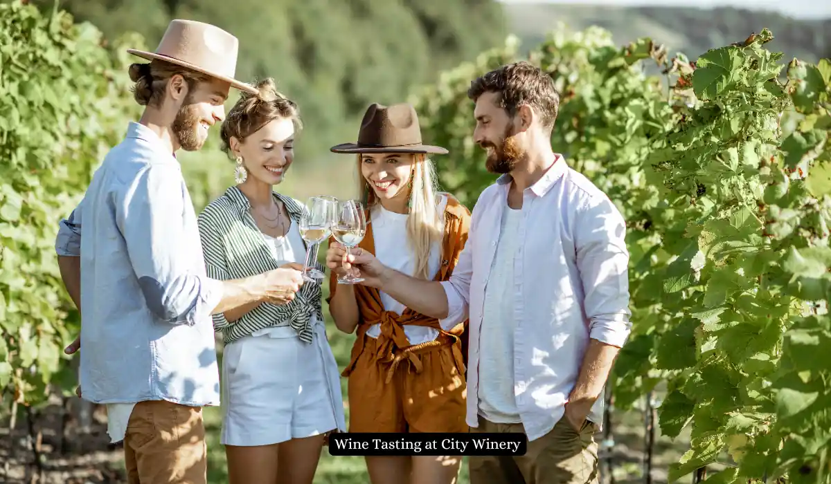 Top 15 Romantic Things to Do in Chicago for Couples 7 Four people in casual attire stand together in a vineyard, holding and clinking their wine glasses while smiling. They are surrounded by lush green grapevines under a clear sky. A sign reads "Wine Tasting at City Winery.