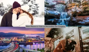 A collage of romantic destinations: a couple embracing in snowy woods, a picturesque snowy waterfall, a vibrant cityscape at dusk, and a couple kissing in falling snow by a streetcar. Text overlay reads, Best Places to Visit in December for Couples.