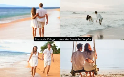 Top 15 Romantic Things to do at the Beach for Couples Couples enjoying romantic moments at the beach: walking on the sand, playing in the waves, and sitting on a swing. The text in the center reads, Romantic Things to do at the Beach for Couples.