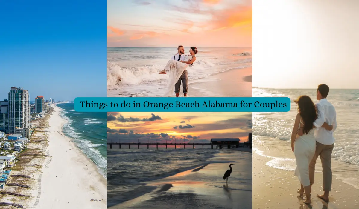 A collage showing Orange Beach, Alabama, with images of a couple in wedding attire at sunset, another couple walking by the ocean, and a beach scene with a pier and a bird. Text reads Things to do in Orange Beach Alabama for Couples.