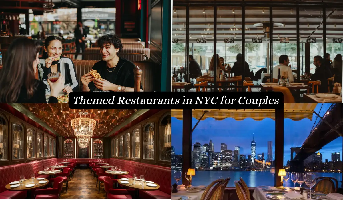 Collage of themed restaurant images for couples in NYC. Top left: two people dining and smiling. Top right: candle-lit tables with diners. Bottom left: elegant dining room with chandeliers. Bottom right: waterfront view with city skyline at night.