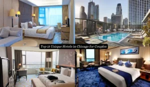 A collage of four luxurious hotel rooms and a rooftop pool with a city skyline. Elegant interiors feature plush beds, stylish decor, and large windows offering city views. Text reads Top 15 Unique Hotels in Chicago for Couples.