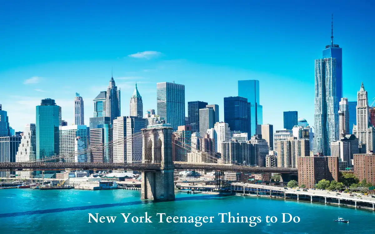 The 15 Most Engaging New York Teenager Things to Do in 2025 2 Bright daytime skyline of New York City with iconic skyscrapers and Brooklyn Bridge over the East River. Text at the bottom reads New York Teenager Things to Do.