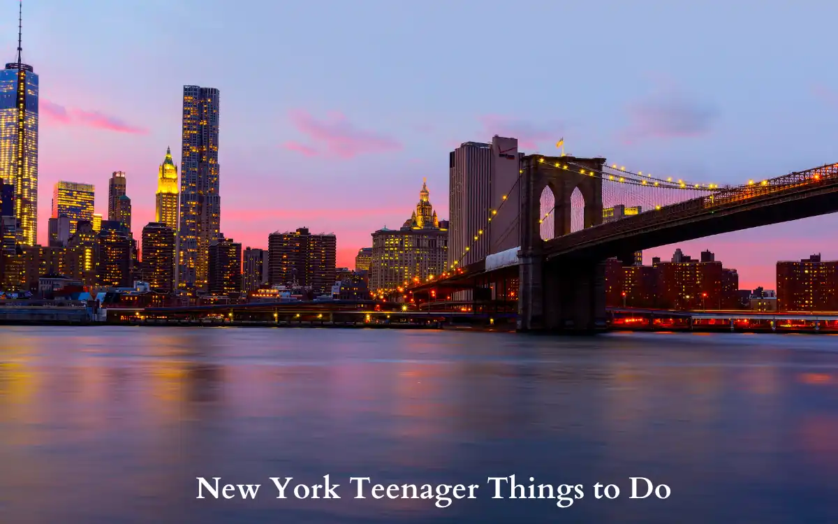The 15 Most Engaging New York Teenager Things to Do in 2025 1 View of the Brooklyn Bridge and New York City skyline at sunset with colorful pink and purple skies. Text at the bottom reads New York Teenager Things to Do.