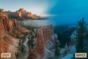 Zion vs Bryce for First-Timers (Couples Guide) Travel Tips 2025 A split image shows Zion National Park on the left with sunlit red cliffs and a winding river, and Bryce Canyon on the right with blue-tinted hoodoos under a misty sky. Labels read Zion and Bryce in the corners.