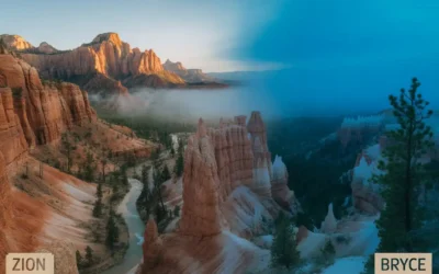 Zion vs Bryce for First-Timers (Couples Guide) Travel Tips 2025 Zion vs Bryce for First-Timers (Couples Guide) Travel Tips 2025 A split image shows Zion National Park on the left with sunlit red cliffs and a winding river, and Bryce Canyon on the right with blue-tinted hoodoos under a misty sky. Labels read Zion and Bryce in the corners.