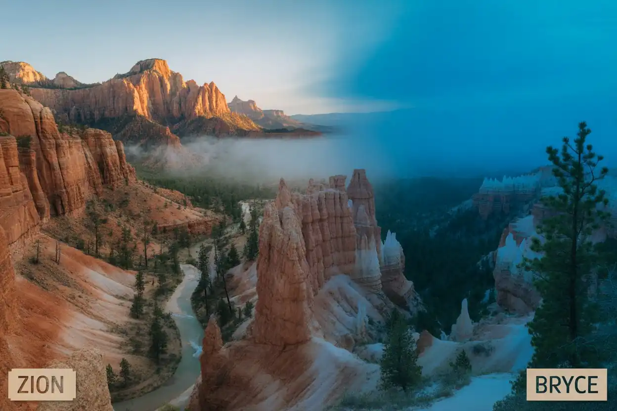 Zion vs Bryce for First-Timers (Couples Guide) Travel Tips 2025 A split image shows Zion National Park on the left with sunlit red cliffs and a winding river, and Bryce Canyon on the right with blue-tinted hoodoos under a misty sky. Labels read Zion and Bryce in the corners.