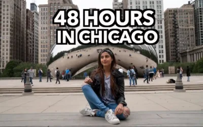 A woman sits on the pavement in front of Cloud Gate (The Bean) in Chicago, with "48 Hours in Chicago" text above her and city buildings in the background.