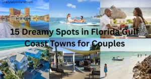 A collage of romantic beach scenes and couples dining, kayaking, and walking by the shore, with the text 15 Dreamy Spots in Florida Gulf Coast Towns for Couples overlaid in the center.