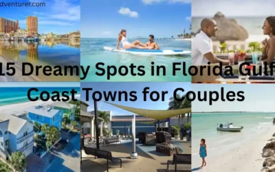 A collage of romantic beach scenes and couples dining, kayaking, and walking by the shore, with the text 15 Dreamy Spots in Florida Gulf Coast Towns for Couples overlaid in the center.